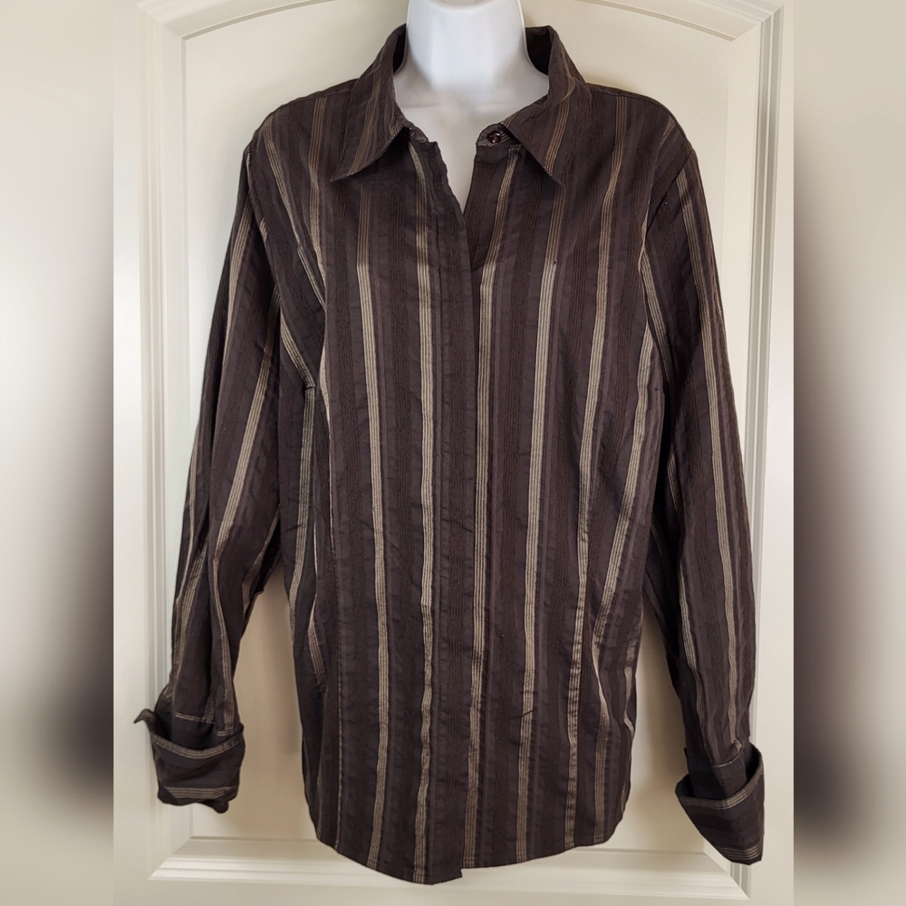 LANE BRYANT Long Sleeve Button Down Brown Stripe Top Plus Size 18/20 or 2X